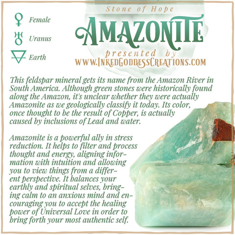A graphic about Amazonite featuring a photo of the mineral, from Inked Goddess Creations.
