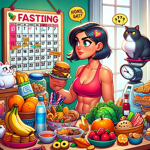 The image humorously showcases a female character in a vibrant setting, facing the dilemma of weight management and considering fasting. She is seen looking at a calendar marked with fasting days, surrounded by both healthy food options and a comedic display of tempting unhealthy snacks. The character stands on a scale, her expression a mix of conflict and determination, humorously weighing her options between health goals and indulgences.  Playful elements enhance the scene's lighthearted atmosphere: a cat suspiciously eyes the healthy food, while a dog drools over the snacks, symbolizing the internal debate over dietary choices. The setting is colorful and lively, reflecting the character's internal struggle with weight struggles and personal health goals. The hashtags #WeightStruggles and #PersonalGoals are integrated into the scene in a fun font, capturing the essence of the diary writer's current feelings and her contemplative journey towards health, all while maintaining a hopeful and humorous tone.