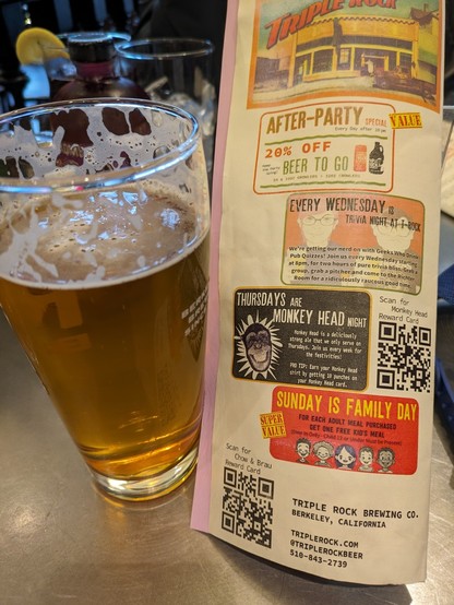 Photo of an IPA beer and brochure for Triple Rock Brewing in Berkeley CA