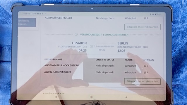 Screenshot indirekt vom Tablet, mit Flugdaten inklusive Sitzplatz - Nummern, von der TAP Air Portugal Webseite.