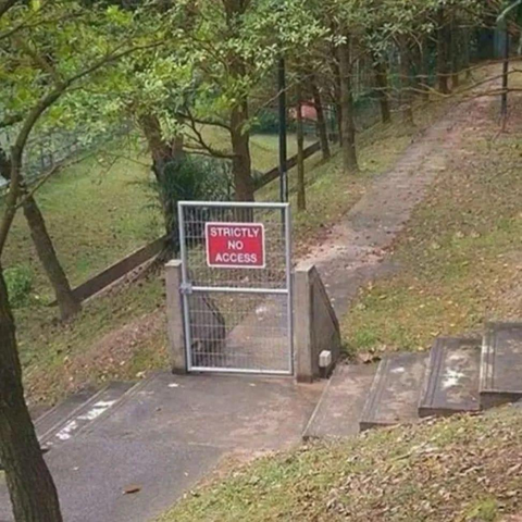 shows a red sign with white text that says "STRICTLY NO ACCESS" mounted on a metal gate. The gate appears to be part of a fence around a park, with trees visible in the background but there is no fence around the gate or anywhere else 