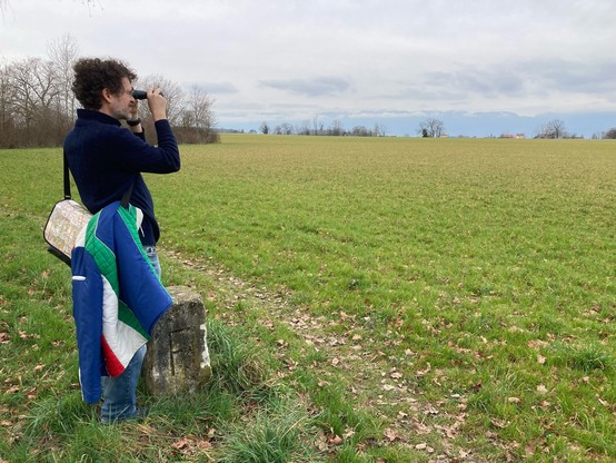 Man standing at one border stone looking through binoculars at the next one, in a field