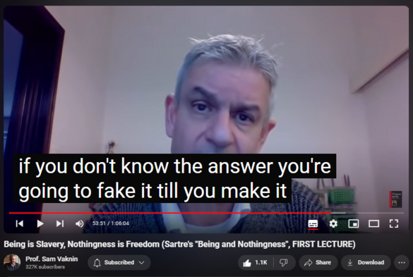 https://www.youtube.com/watch?v=vxfRneEDN3w
Being is Slavery, Nothingness is Freedom (Sartre's "Being and Nothingness", FIRST LECTURE)


24,787 views  11 Feb 2021  Mind of the Psychopathic Narcissist
Sartre: Consciousness has the capacity for nothingness which gives rise to freedom, choices, decisions, responsibility, authenticity, and, ultimately, self-identity. Being requires the involvement of the world, its objects, and rigid roles. It leads to dissonant and conflictive "bad faith" projects and inauthenticity.

Find and Buy MOST of my BOOKS and eBOOKS in my Amazon Store: https://www.amazon.com/stores/page/60...