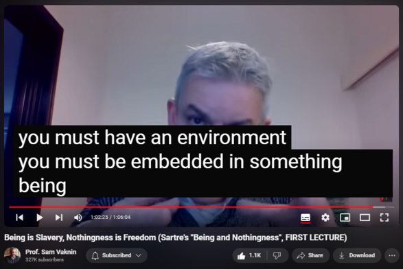 https://www.youtube.com/watch?v=vxfRneEDN3w
Being is Slavery, Nothingness is Freedom (Sartre's "Being and Nothingness", FIRST LECTURE)
24,787 views  11 Feb 2021  Mind of the Psychopathic Narcissist
Sartre: Consciousness has the capacity for nothingness which gives rise to freedom, choices, decisions, responsibility, authenticity, and, ultimately, self-identity. Being requires the involvement of the world, its objects, and rigid roles. It leads to dissonant and conflictive "bad faith" projects and inauthenticity.