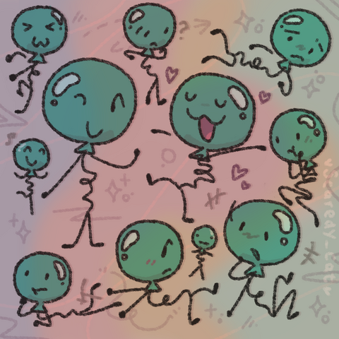 Collection of Balloony doodles with a rainbow background, and fun shapes. Drawn on December 2023