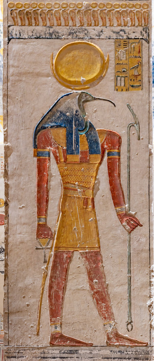 Wall painting of Thoth depicted with the moon-disk on his head in (KV9) Tomb of Ramesses V in the Valley of the Kings.