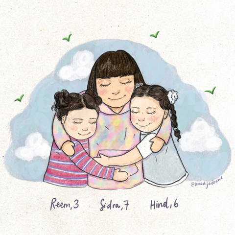 Three beautiful young girls 
Reem, 3
Sidra, 7
Hind, 6
smile in their embrace as green birds fly high in the sky.