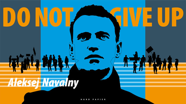 Illustratie met Aleksej Navalny afgebeeld in een zwat-wit portret in hoog contrast. Het geheel is ingevuld met lichtblauw en de complementaire kleur oranje. Tekst: Do not give up - Aleksej Navalny.
