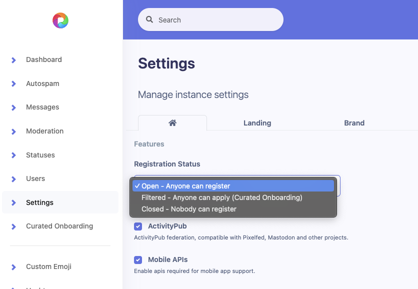 Pixelfed Admin Dashboard settings, showing registration status select with Open, Filtered and Closed options.