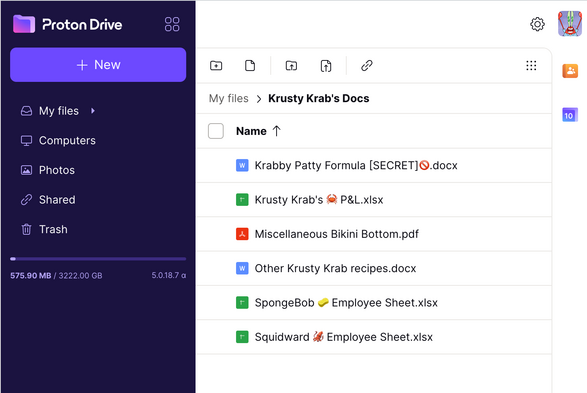 The screenshot of a Proton Drive account owned by  "Krusty Krab" (a character from the cartoon "Sponge Bob SquarePants"). 
It contains multiple files, starting with "Krabby Patty Formula (SECRET).docx.". The others are "Krusty Krab's P&L.xlsx", "Miscellaneous Bikini Bottom.pdf", "Other Krusty Krab recipes.docx", "SpongeBob Employee Sheet.xlsx", and "Squidward Employee Sheet.xlsx". 