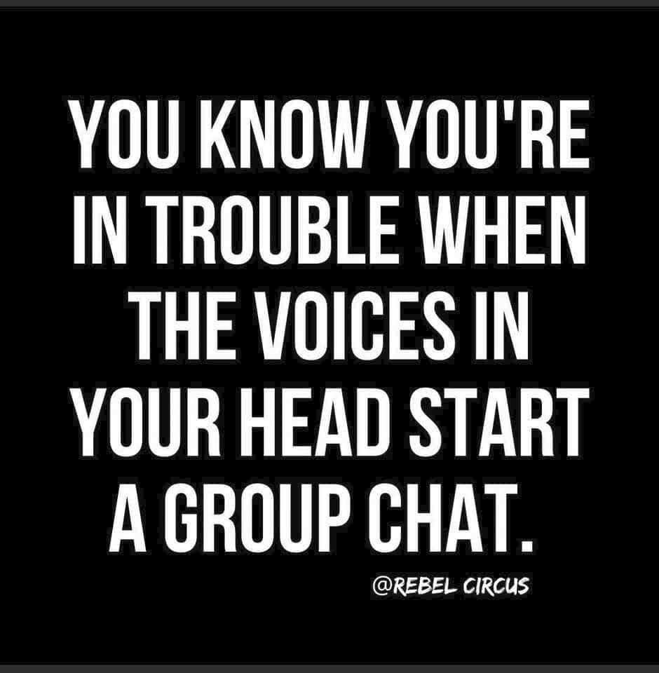 YOU KNOW YOU'RE IN TROUBLE WHEN THE VOICES IN YOUR HEAD START A GROUP CHAT. 
