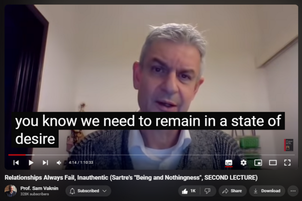 https://www.youtube.com/watch?v=xFvRcB1MOWM
Relationships Always Fail, Inauthentic (Sartre's "Being and Nothingness", SECOND LECTURE)

28,968 views  11 Feb 2021  Abuse in Relationships with Narcissists and Psychopaths
Sartre: Relationships can never work, they will always end up being inauthentic, deceptive, and fantastic-delusional.

Find and Buy MOST of my BOOKS and eBOOKS in my Amazon Store: https://www.amazon.com/stores/page/60...