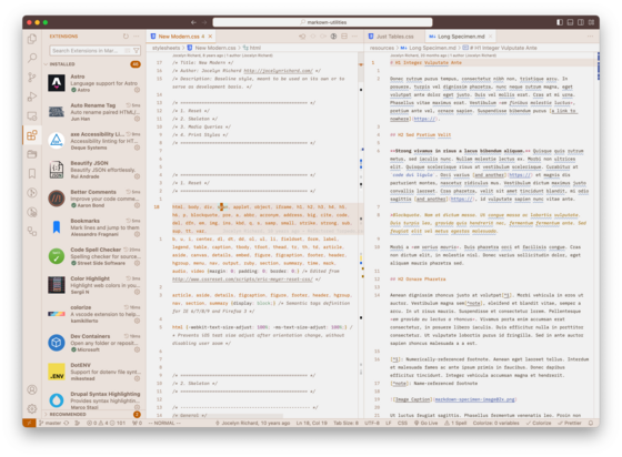Screenshot of Visual Studio Code using the Melange Redux theme’s light version. There’s three panels visible: the sidebar showing some installed extensions and two files loaded in the editor. The theme has warm, earthy tones like browns, light beiges, light orange, light blue etc.
