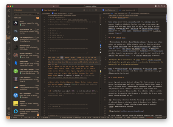 Screenshot of Visual Studio Code using the Melange Redux theme’s dark version. There’s three panels visible: the sidebar showing some installed extensions and two files loaded in the editor. The theme has warm, earthy tones like browns, dark beiges and greys, light orange, light blue etc.