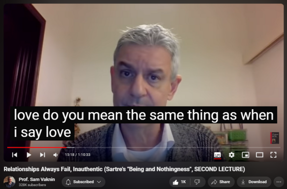 https://www.youtube.com/watch?v=xFvRcB1MOWM
Relationships Always Fail, Inauthentic (Sartre's "Being and Nothingness", SECOND LECTURE)


28,968 views  11 Feb 2021  Abuse in Relationships with Narcissists and Psychopaths
Sartre: Relationships can never work, they will always end up being inauthentic, deceptive, and fantastic-delusional.

Find and Buy MOST of my BOOKS and eBOOKS in my Amazon Store: https://www.amazon.com/stores/page/60...

NEW CHANNEL Nothingness: Antidote to Narcissism
  

 / @nothingnessnonarcissism  

Nothingness: Antidote to Narcissism Playlist
  

 • Love Yourself: Here’s How - or, The F...