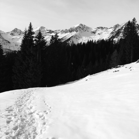 Tracce nella neve e le cime delle montagne innevate in lontananza