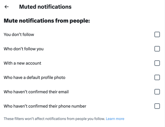 Screenshot of Twitter/X's settings page for muted notifications with toggle options for muting notifications from people who you don't follow, don't follow you, with a new account, who have a default profile photo, who haven’t confirmed their email, and who haven’t confirmed their phone number.