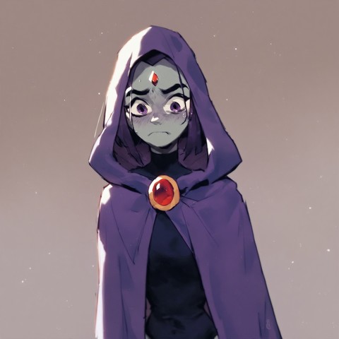 This AI-generated portrayal captures Raven from "Teen Titans," her face a mix of nervousness and embarrassment with an anime-like expressiveness. She's wrapped in her iconic purple cloak, which complements the subdued background, highlighting her uncertain yet endearing demeanor.