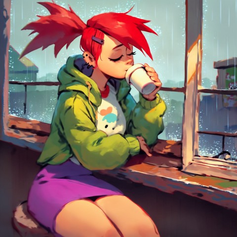 An AI-generated image of Frankie from "Foster's Home for Imaginary Friends," sitting relaxed on a rain-splattered terrace. Her bright red hair and vibrant smile offer a contrast to the grey drizzle, as she enjoys a peaceful moment with a steaming cup of coffee in her hands. Her green jacket with a pink collar adds a pop of color to the rainy day.