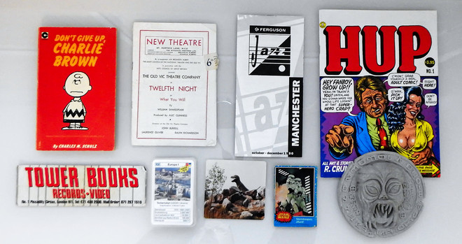 Random things from a shelf.
Charlie Brown book (1970s)
Tower Records bookmark (1990s)
12th Night theatre programme (1948?)
Nuclear Reactor Top Trumps.
Photo I took of a dinosaur (1980)
Manchester Jazz Festival programme (1990).
Star Wars bubble gum card (1978)
HUP comic by Robert Crumb (1987)
Amulet (free with the DVD release of Dark Waters (1993)

