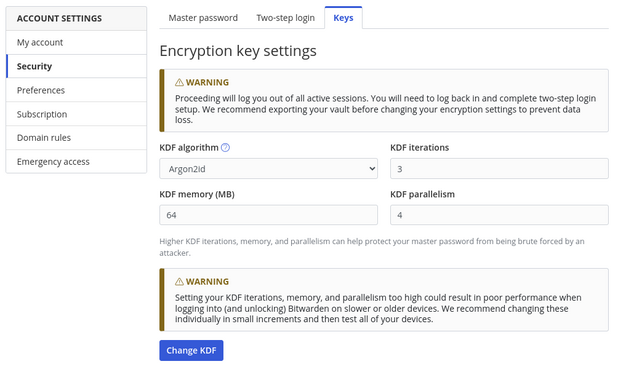 The image shows the "Encryption key settings" section within the "ACCOUNT SETTINGS" of a Bitwarden account. There are two warnings presented. The first warns that proceeding will log the user out of all active sessions, and it is recommended to export the vault before changing encryption settings to prevent data loss. The KDF algorithm is set to Argon2id with iterations at 3, memory at 64 MB, and parallelism at 4. It is noted that higher KDF iterations, memory, and parallelism can help protect against brute force attacks. The second warning advises that setting KDF iterations, memory, and parallelism too high might result in poor performance on slower or older devices, recommending changing these settings in small increments and then testing on all devices. The "Change KDF" button is visible at the bottom.
