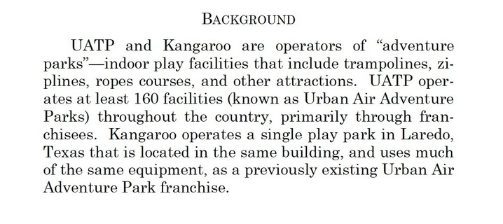 BACKGROUND
UATP and Kangaroo are operators of “adventure
parks”—indoor play facilities that include trampolines, ziplines,
ropes courses, and other attractions. UATP operates
at least 160 facilities (known as Urban Air Adventure
Parks) throughout the country, primarily through franchisees.
Kangaroo operates a single play park in Laredo,
Texas that is located in the same building, and uses much
of the same equipment, as a previously existing Urban Air
Adventure Park franchise.