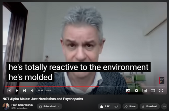 https://www.youtube.com/watch?v=8ZlWaePc030
NOT Alpha Males: Just Narcissists and Psychopaths


51,015 views  15 Feb 2021  Mind of the Psychopathic Narcissist
"Alpha males are not born, and they don't achieve their position based purely on size and temperament. The primate alpha male is a much more complex and responsible being than a bully.

Merciless tyrants do sometimes rise to the top in a chimpanzee community, but the more typical alphas that I have known were quite the opposite. Males in this position are not necessarily the biggest, strongest, meanest ones around, since they often reach the top with the assistance of others. In fact, the smallest male may become alpha if he has the right supporters. Most alpha males protect the underdog, keep the peace, and reassure those who are distressed. Analyzing all instances in which one individual hugs another who has lost a fight, we found that although females generally console others more often than do males, there is one striking exception: the alpha male. This male acts as the healer-in-chief, comforting others in agony more than anyone else in the community. As soon as a fight erupts among its members, everyone turns to him to see how he is going to handle it. He is the final arbiter, intent on restoring harmony. He will impressively stand between screaming parties, with his arms raised, until things calm down."

Mama's Last Hug by Frans de Waal, W.W. Norton & Company, 2019