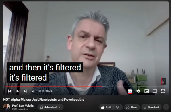 https://www.youtube.com/watch?v=8ZlWaePc030
NOT Alpha Males: Just Narcissists and Psychopaths
51,015 views  15 Feb 2021  Mind of the Psychopathic Narcissist
"Alpha males are not born, and they don't achieve their position based purely on size and temperament. The primate alpha male is a much more complex and responsible being than a bully.

Merciless tyrants do sometimes rise to the top in a chimpanzee community, but the more typical alphas that I have known were quite the opposite. Males in this position are not necessarily the biggest, strongest, meanest ones around, since they often reach the top with the assistance of others. In fact, the smallest male may become alpha if he has the right supporters. Most alpha males protect the underdog, keep the peace, and reassure those who are distressed. Analyzing all instances in which one individual hugs another who has lost a fight, we found that although females generally console others more often than do males, there is one striking exception: the alpha male. This male acts as the healer-in-chief, comforting others in agony more than anyone else in the community. As soon as a fight erupts among its members, everyone turns to him to see how he is going to handle it. He is the final arbiter, intent on restoring harmony. He will impressively stand between screaming parties, with his arms raised, until things calm down."

Mama's Last Hug by Frans de Waal, W.W. Norton & Company, 2019