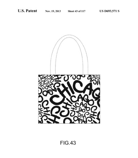 D693,571 fig. 42, showing a handbag decorated with the word "Chicago" arranged in a spiral pattern
