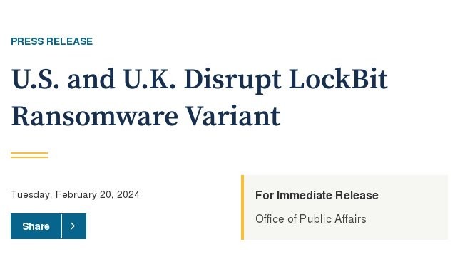 LockBit takedown
Office of Public Affairs of US DoJ