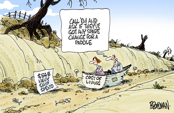 A couple sitting in their COST OF LIVING wooden dinghy in the dry darling river see the latest news [$54 NAVY SHIP SPEND]. He says to her "CALL 'EM AND ASK IF THEY'VE GOT ANY SPARE CHANGE FOR A PADDLE"
