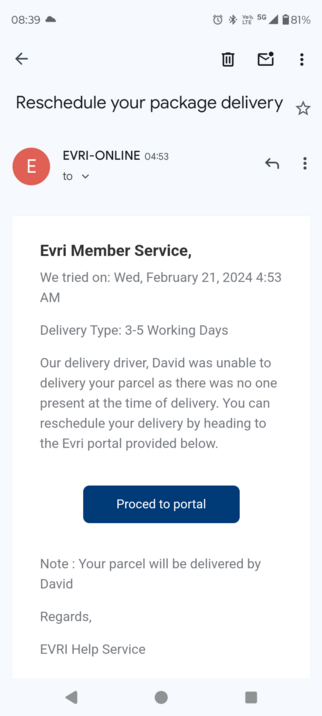 Screenshot of Evri phishing spam