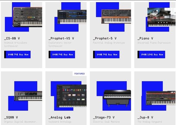 Discount sale of Arturia Virtual Instruments featuring synths like the Yamaha CS80, the Prophet V, the SQ80, the Wurlitzer Organ, the Crumar and so many more for $99
