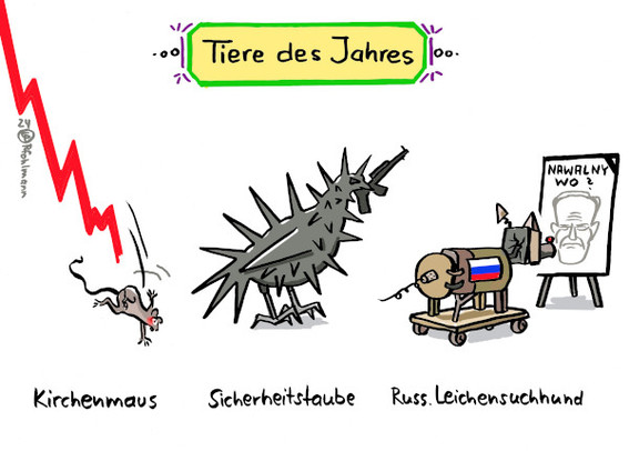 Überschrift: Tiere des Jahres. Darunter links erst eine Kirchenmaus, die von einer roten, gezackten Linie nach unten fällt. Daneben eine "Sicherheitstaube" in Oliv und mit vielen Stacheln und einem Gewehr im Schnabel. Ganz rechts ein "Russischer Leichensuchhund", der nicht echt ist, sondern aus irgendwelchen Teilen zusammengebastelt ist, der sich an einem Foto von Nawalny orientieren und dessen Leiche suchen und mutmaßlich nicht finden soll.