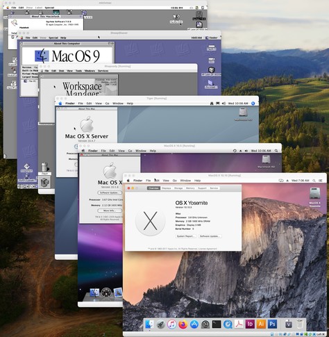 A screenshot of MacOS computer windows running in virtualization stacked on top of one another starting with minivmac running System 7.5.5, SheepShaver running Mac OS 9.0, Virtualbox running Rhapsody DR1, Mac OS X Server 10.4.7, Mac OS X 10.5.8, and OS X 10.10.5. All have the about windows open showing the versions.