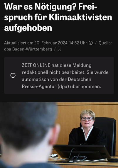 Screenshot Titel Nachrichten Website Zeit-online, bzgl Aufhebung Freispruch von Klimaaktivisten