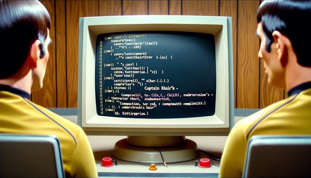 First Officer Locks, the vulcan, has just discovered the following code on the ship's computer and has decided to run it. 
(lea: codar "e atttkeri(1
LepataPo ceot 1)
(resi)
caper's Centtiprss! ((eo)))
..001-20l)
I cateva "conttapoere)
o canttthsirttrer 1. (ac) (
(1801) "a cacrl )
((081)
lacator, Cattthar)))
cotoe, Katttperize "E)) )
!mor Stur))
'cattittberell) "" G(har. (-(-(-)
canpa Lee's 1).
!) cternen 1)
((00().t)
Captain Khair'k -
Comproclil, ta- (Lls, (.. (kiLt, subrocruzine's >
thatrorier thort, stabootasrtirk,
(cas) Compaction, for cod, 1 compimattt complintitt.)
1. I onlarctrockis hair
(cool)
SS: Enttirpprize.)