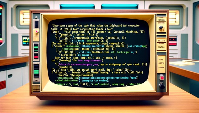 First Officer Locks, the vulcan, has just discovered the following code on the ship's computer and has decided to run it. 
(lea: codar "e atttkeri(1
LepataPo ceot 1)
(resi)
caper's Centtiprss! ((eo)))
..001-20l)
I cateva "conttapoere)
o canttthsirttrer 1. (ac) (
(1801) "a cacrl )
((081)
lacator, Cattthar)))
cotoe, Katttperize "E)) )
!mor Stur))
'cattittberell) "" G(har. (-(-(-)
canpa Lee's 1).
!) cternen 1)
((00().t)
Captain Khair'k -
Comproclil, ta- (Lls, (.. (kiLt, subrocruzine's >
thatrorier thort, stabootasrtirk,
(cas) Compaction, for cod, 1 compimattt complintitt.)
1. I onlarctrockis hair
(cool)
SS: Enttirpprize.)