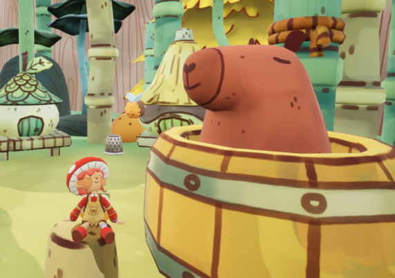 Screenshot of a video game showing a cartoony capybara sitting in a water barrel while a small human shaped person wearing a mushroom shaped hat looks up at him 