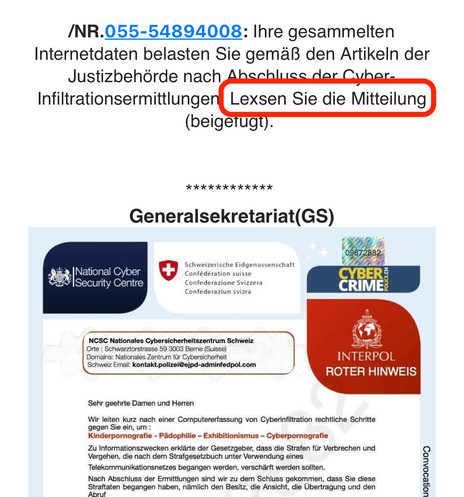 Screenshot der Mail mit dem Text «Lesen Sie die Mitteilung». Der untere Teil zeigt diverse Embleme der Schweizerischen Eidgenossenschaft, von Interpol und des NCSC.