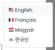 A language selector showing four languages choices: 🇺🇸 English, 🇫🇷 Français (French), 🇭🇺 Magyar (Hungarian) and 🇰🇷 한국인 (Korean)