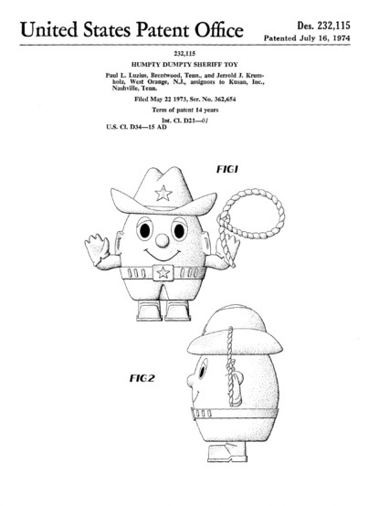 design patent disclosing a figurine shaped like an anthropomorphized egg with a cowboy hat, boots, a belt and a lasso