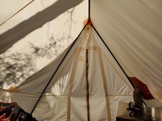 Sunshine casting shadows of branches on the inside of a canvas hot tent. the wood stove is visible in the right corner, and some assorted gear in the left corner.