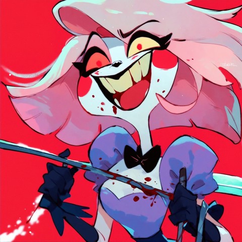 AI image created in Fooocus using Pony Diffusion.

The image features an animated character reminiscent of the style seen in "Hazbin Hotel," an original fan creation. The character is depicted with exaggerated, lively expressions, sporting a wide, toothy grin. Splashes of vibrant red and hints of yellow highlight the character's eyes, adding a dynamic contrast to the soft pink and white hues of the character's flamboyant hair and attire. The figure is adorned with a dark bow tie and gloves, accentuating its dapper yet mischievous aura. An air of whimsy is conveyed through fluid lines and bold, saturated colors, giving the impression of a scene filled with movement and energy.