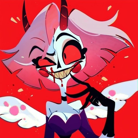 AI image created in Fooocus with the Pony Diffusion model. The image features a stylized character with exaggerated features, including large eyes and a wide smile, set against a vibrant red background. The character has pale skin, pink hair, and is depicted with an exaggerated expression featuring large eyes and a wide smile. The eyes are outlined heavily in black, with one eye larger than the other for artistic effect. There’s red coloring around the eyes which matches the vibrant red background. The character is shown from the waist up and appears to be laughing or smiling broadly. They wear a dark outfit that contrasts sharply with their pale skin and the bright background. The character also has a pair of angelic wings that are partially visible behind their back, adding to their divine appearance