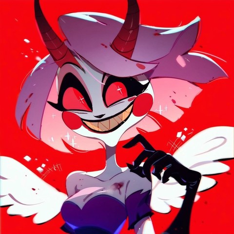 AI image created in Fooocus with the Pony Diffusion model. The image features a cartoon-style drawing of a character against a vibrant red background. The character has purple skin, large expressive red eyes with black and white detailing, and a wide smile showing teeth. They have two large horns protruding from the top of their head and fluffy white wings behind them. The character is wearing gloves and has their hand raised as if they are waving or gesturing. There are sparkles and small star shapes scattered around the character, adding to the dynamic and energetic feel of the image.