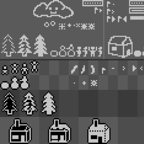 A screenshot of the graphics from my work-in-progress  game jam entry, it shows some pixel graphics, trees, people, houses, snowmen, some snowflakes, a cloud and some interface icons, among others.