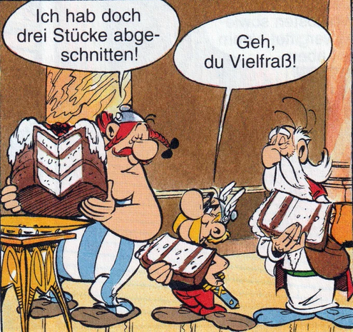 Excerpt from Asterix and Cleopatra (German version) where Asterix, Obelix and Panoramix share a pie. 
The share of Obelix is somewhat bigger than the shares of Asterix and Panoramix. Obelix: "I cut it in the three!"