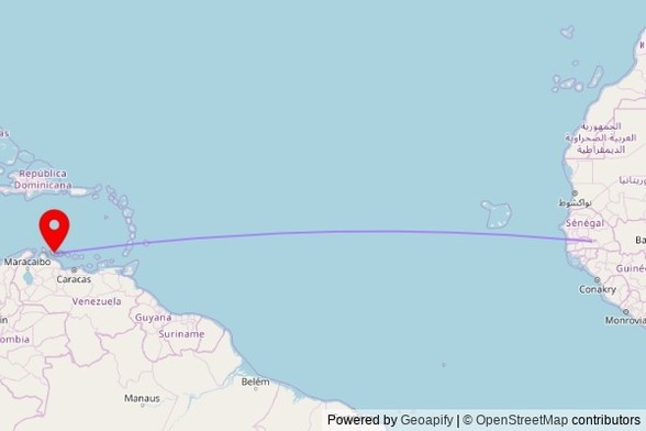 A map showing the great circle route from Basse Santa Su in Gambia to a map pin at Mikvé Israel-Emanuel, Columbusstraat, 0000 NA Willemstad, Netherlands