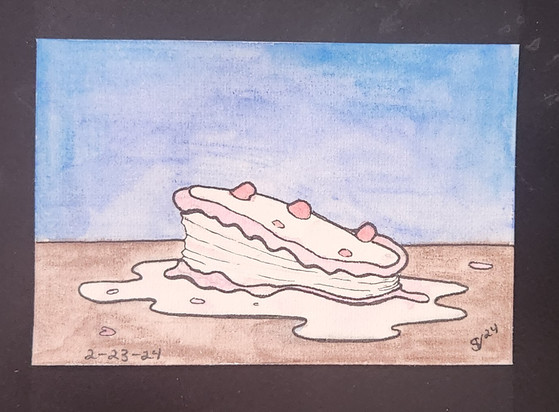 Watercolor painting of an ice cream cake left out to melt on the table.
